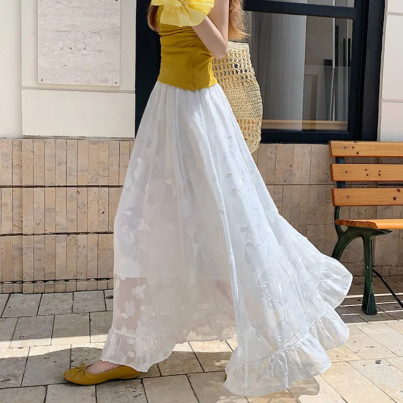 Lace Embroidered Floral High Waist Slim A-Line Lay...