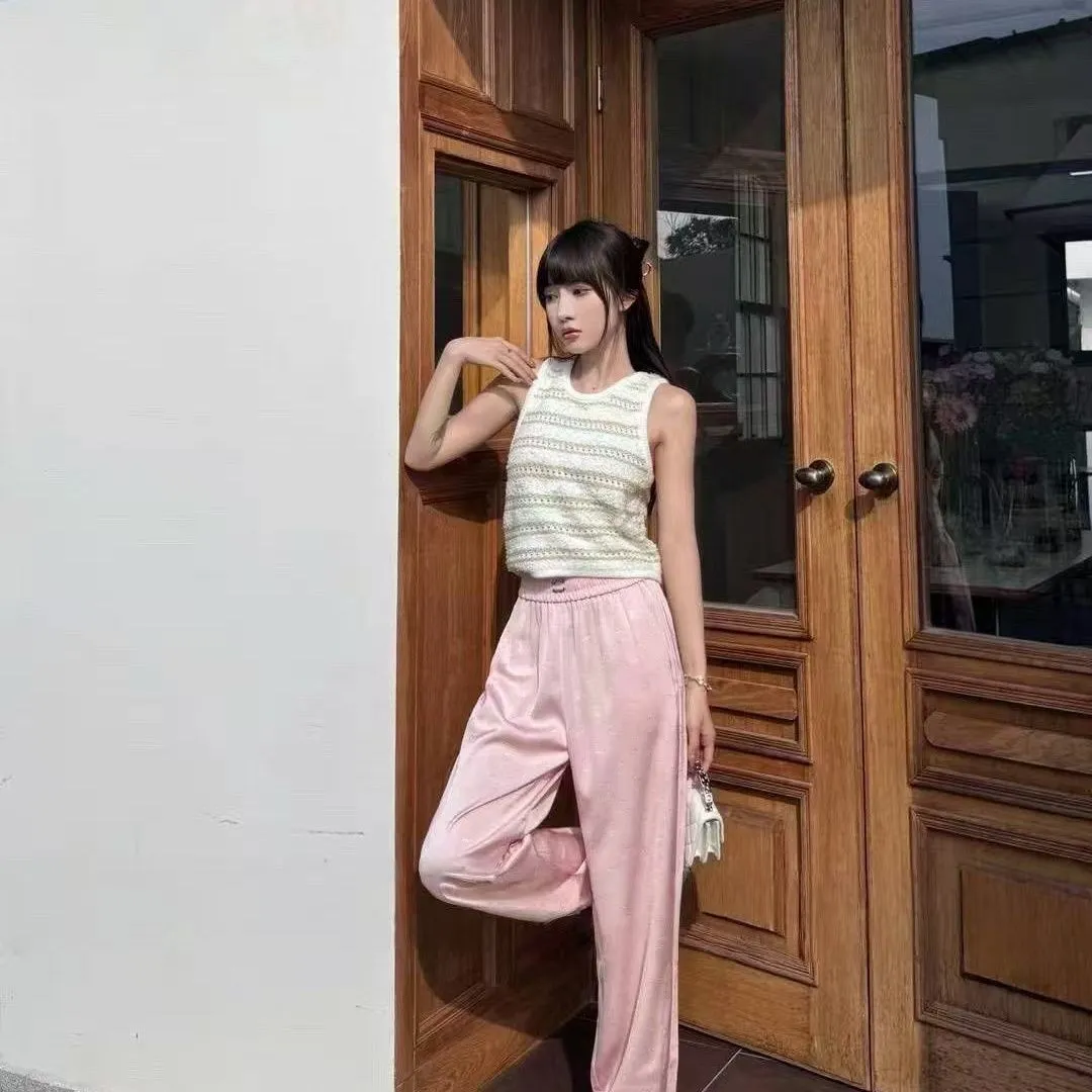 Women's Elastic Waist Satin Wide-Leg Pants, Floral Satin Loose Trousers