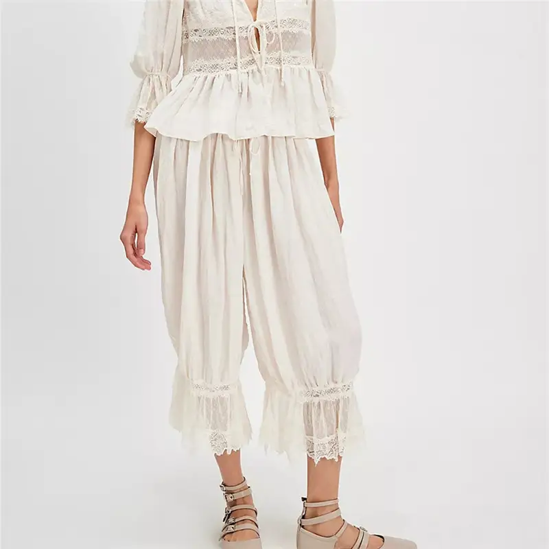Lace-Trimmed Retro Wide-Leg Pants, Cute Ruffled Pumpkin Trousers,  Casual