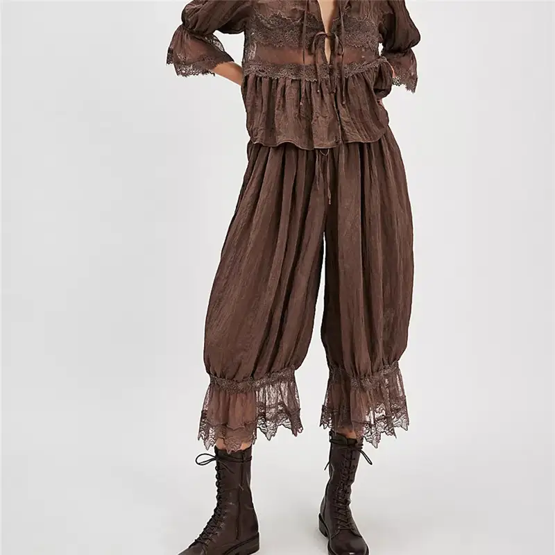 Lace-Trimmed Retro Wide-Leg Pants, Cute Ruffled Pumpkin Trousers,  Casual