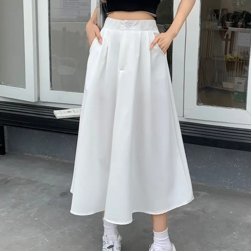 High Waist Women's A-Line Skirt Solid Color Casual Loose Single Button Korean Style Umbrella Skirt Women