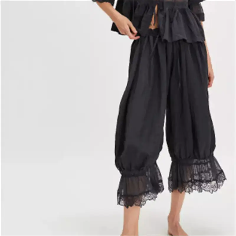 Lace-Trimmed Retro Wide-Leg Pants, Cute Ruffled Pumpkin Trousers,  Casual