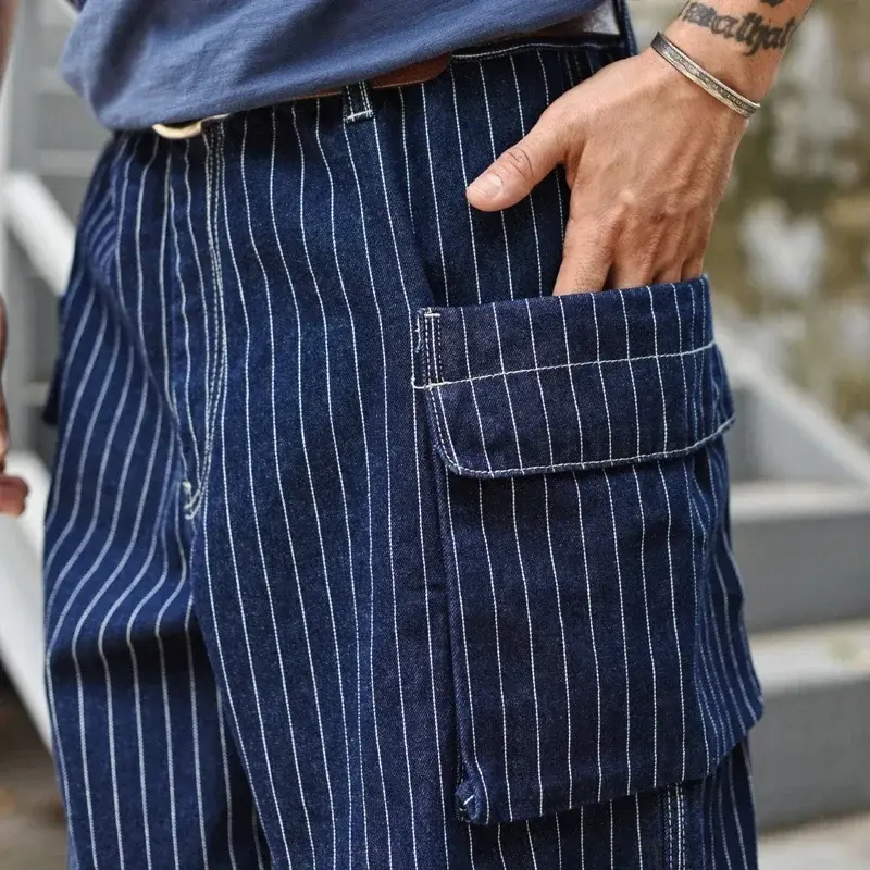 Men Short Summer Stripe Denim Short Multiple Packets Vintage Knee Length Loose Shorts