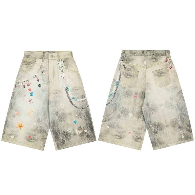3D Starfish Chain Digital Printed Denim Shorts Oversized Streetwear Vintage Baggy Jeans