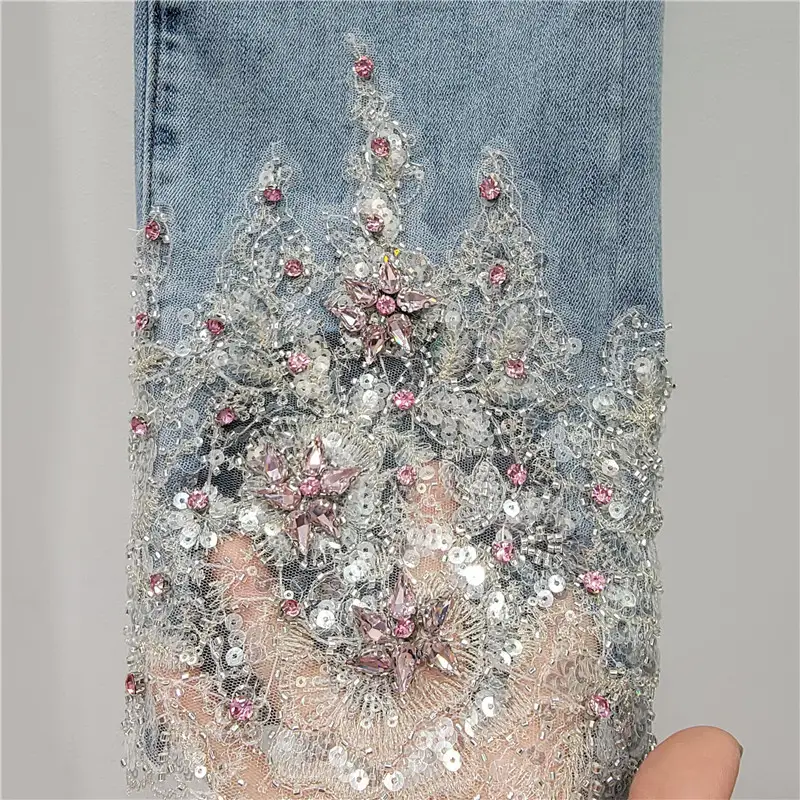 Solid Slimming Spliced Bead Jeans For Women Elegant Pants Female Fashion Clothing Style
