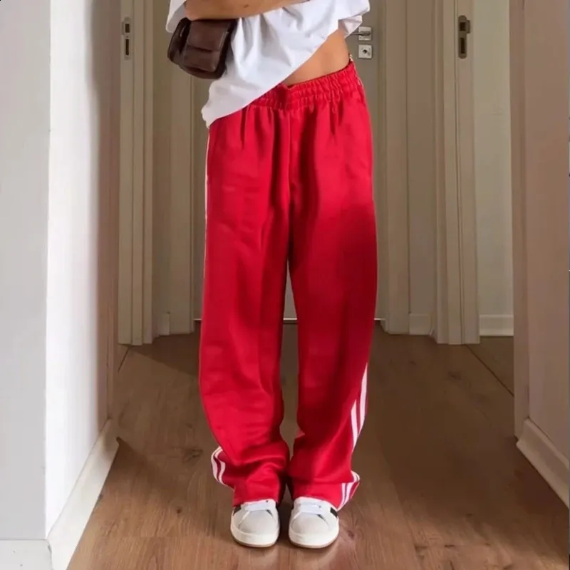 Elastic Waist Drawstring Straight Trousers Women's Sporty Striped Wide Leg Pants Sweatpants with Pockets