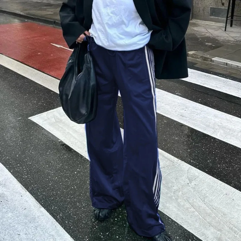 Elastic Waist Drawstring Straight Trousers Women's Sporty Striped Wide Leg Pants Sweatpants with Pockets
