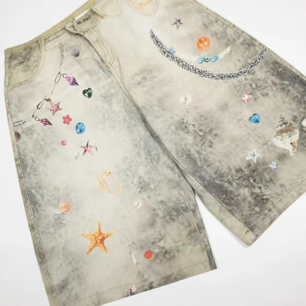 3D Starfish Chain Digital Printed Denim Shorts Oversized Streetwear Vintage Baggy Jeans