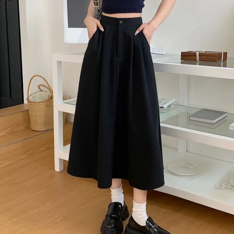 High Waist Women's A-Line Skirt Solid Color Casual Loose Single Button Korean Style Umbrella Skirt Women