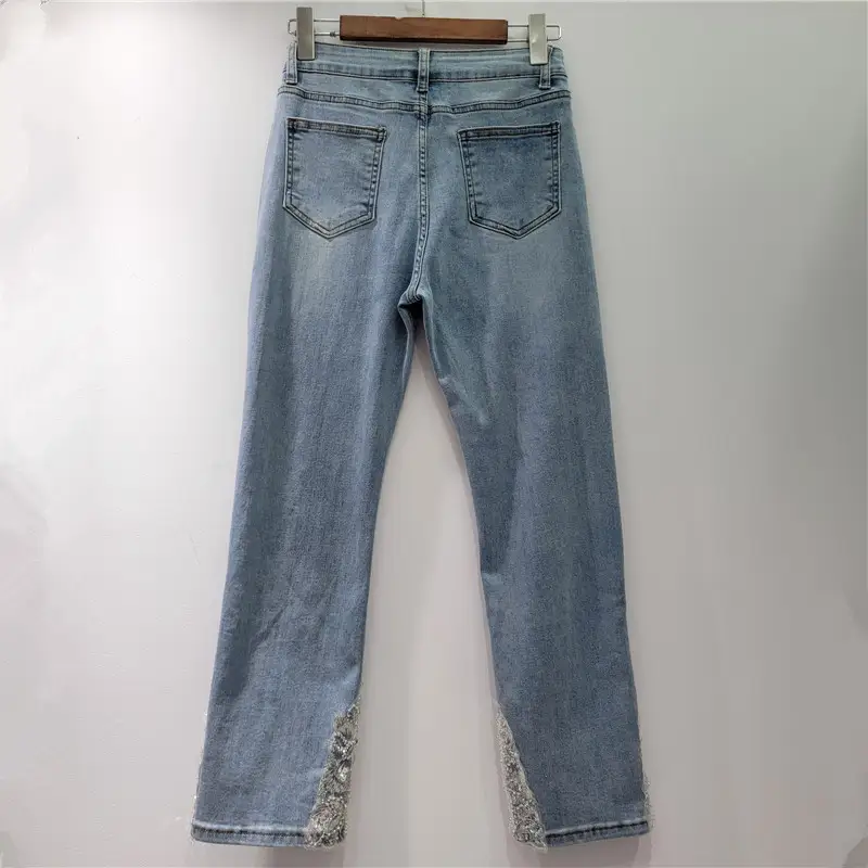 Solid Slimming Spliced Bead Jeans For Women Elegant Pants Female Fashion Clothing Style