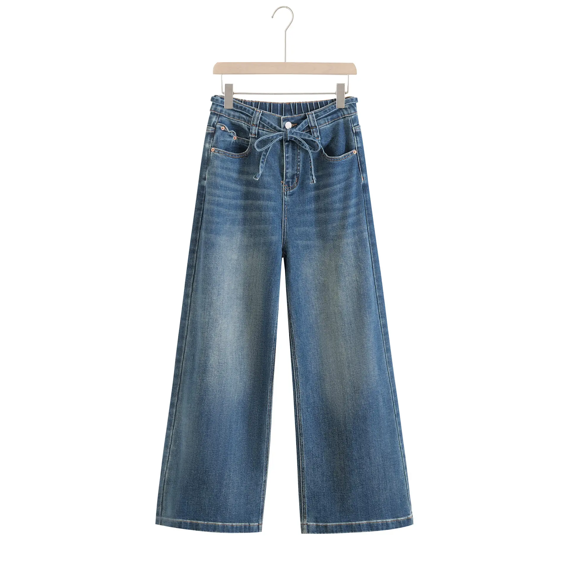 Fashion Women's Wide Leg Jeans Vintage Simple Waist Rope Decoration Premium Stretch Denim Full Length Pants
