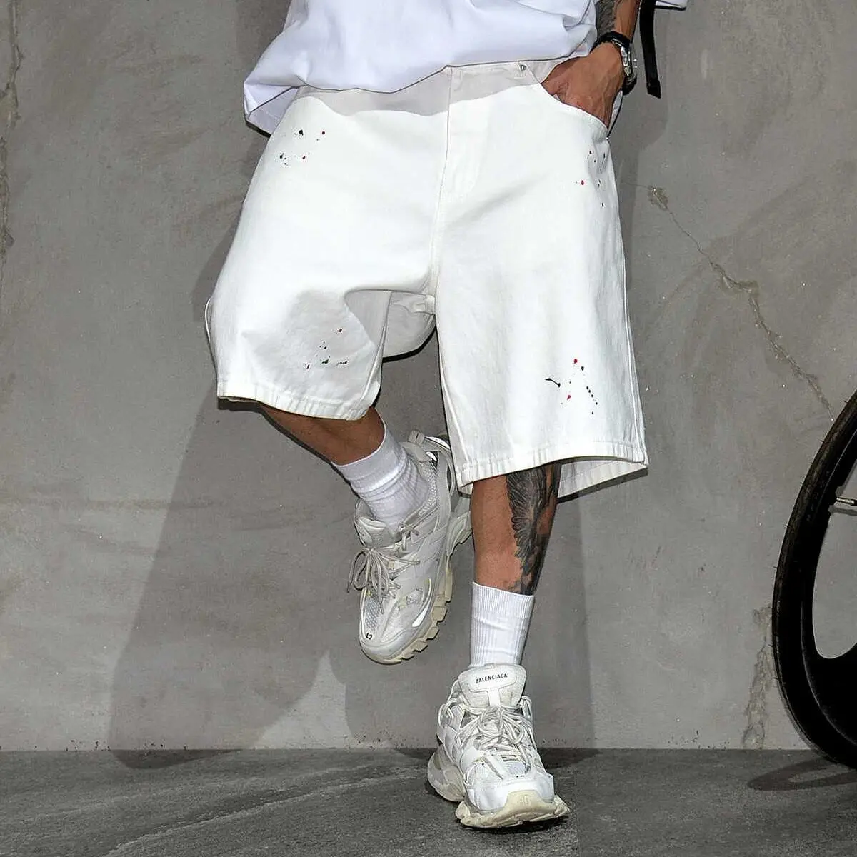 Summer Streetwear Paint Splash White Fashion Denim Shorts Men Clothing Hip Hop Baggy Jeans Casual