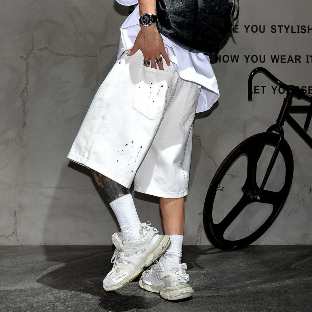 Summer Streetwear Paint Splash White Fashion Denim Shorts Men Clothing Hip Hop Baggy Jeans Casual