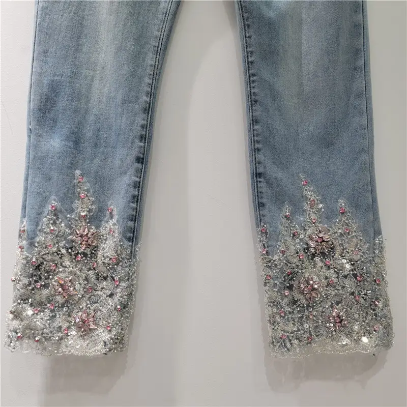 Solid Slimming Spliced Bead Jeans For Women Elegant Pants Female Fashion Clothing Style