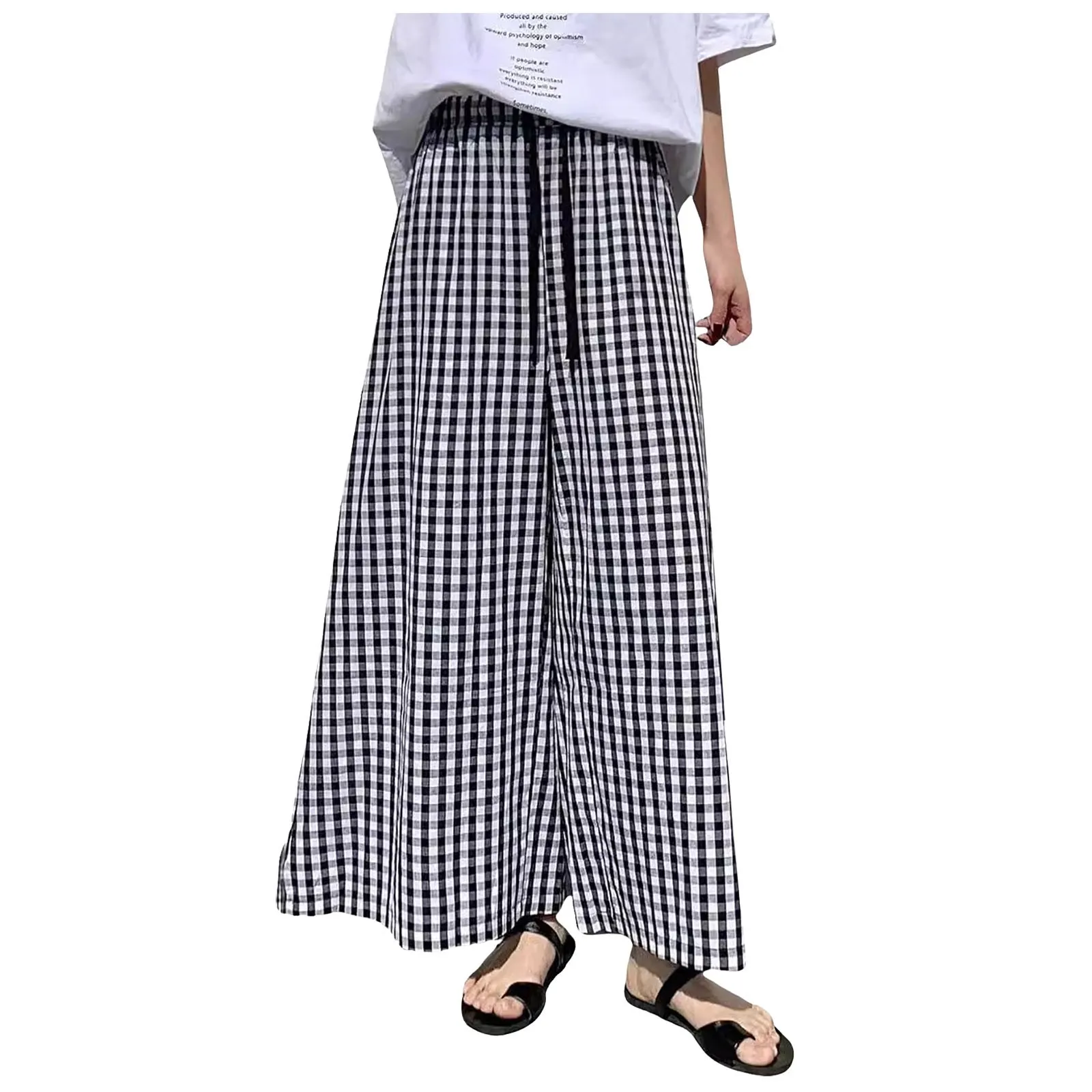 Women's Pants Wide Leg Plaid Gingham High Elastic Waist Cropped Drawstring With Pockets