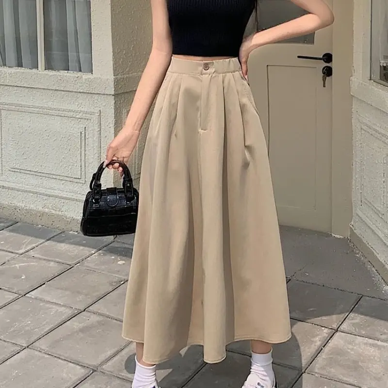 High Waist Women's A-Line Skirt Solid Color Casual Loose Single Button Korean Style Umbrella Skirt Women