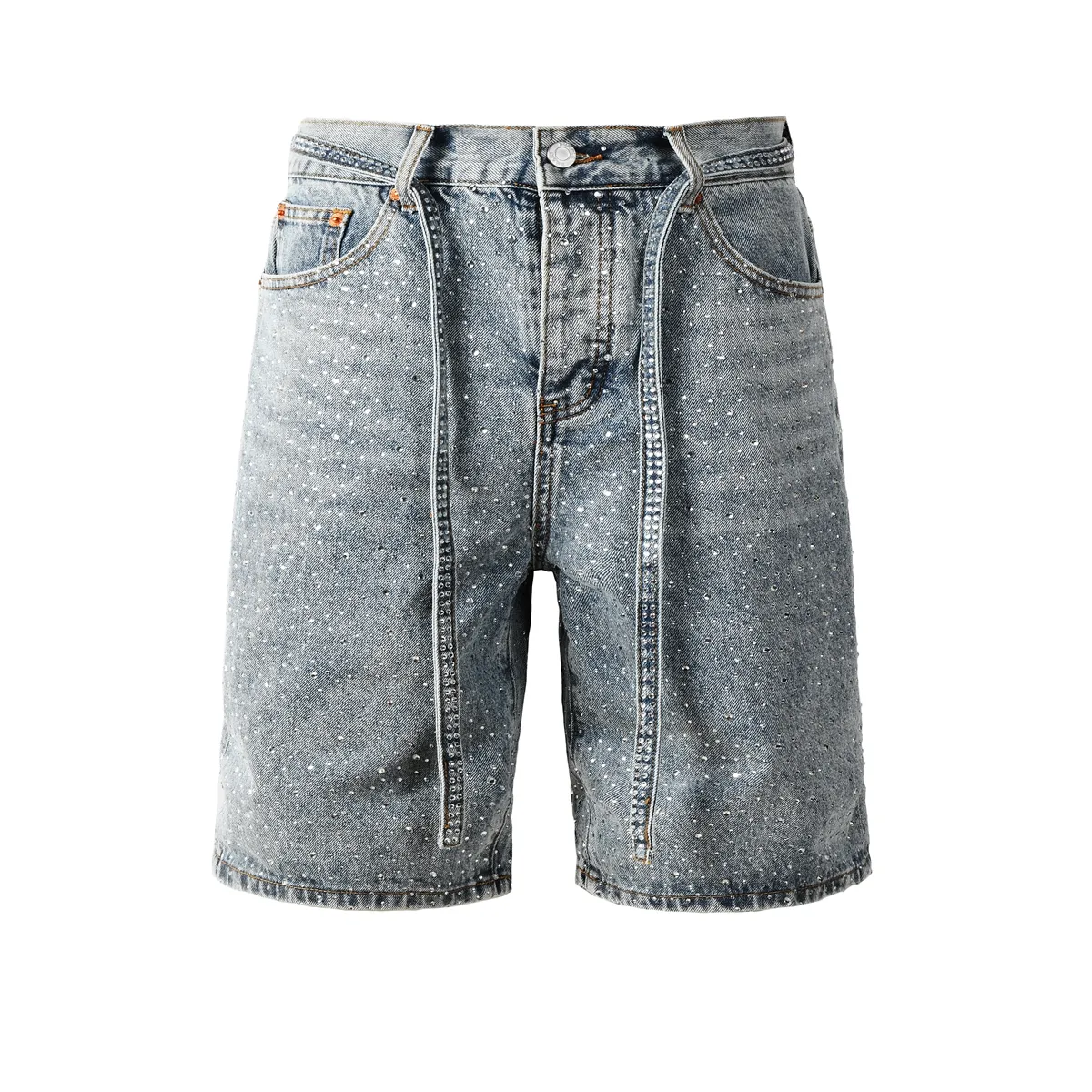 Men Shorts Jean Straight Shorts Star-Shaped Rhines...