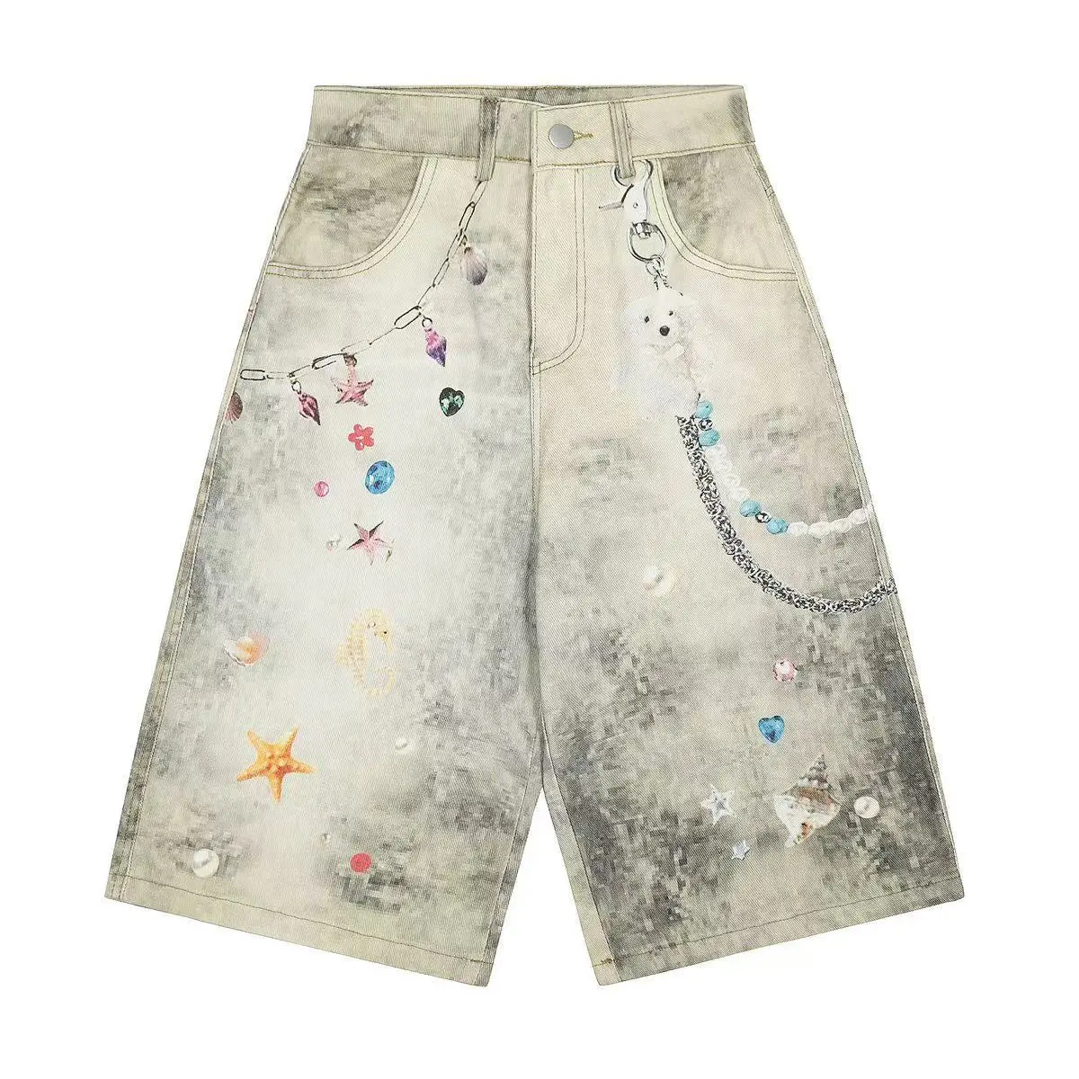 3D Starfish Chain Digital Printed Denim Shorts Ove...