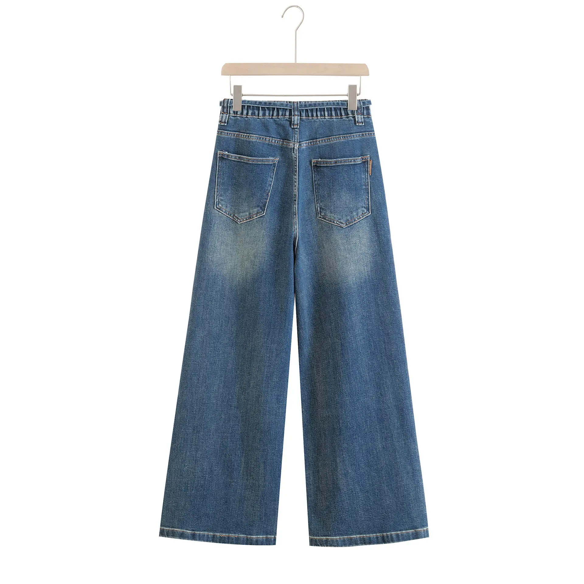 Fashion Women's Wide Leg Jeans Vintage Simple Waist Rope Decoration Premium Stretch Denim Full Length Pants