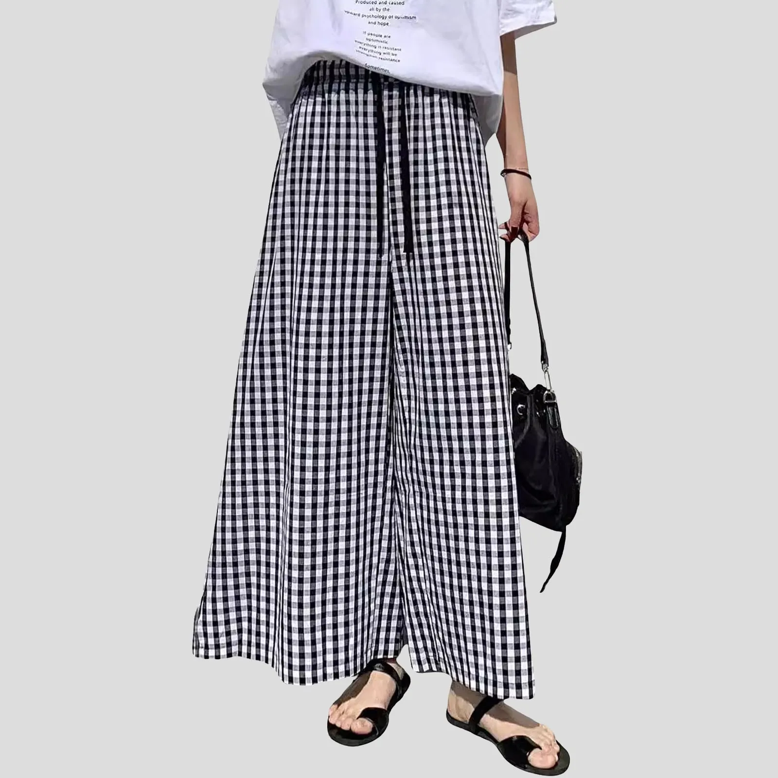 Women's Pants Wide Leg Plaid Gingham High Elastic Waist Cropped Drawstring With Pockets