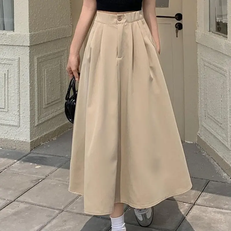 High Waist Women's A-Line Skirt Solid Color Casual Loose Single Button Korean Style Umbrella Skirt Women