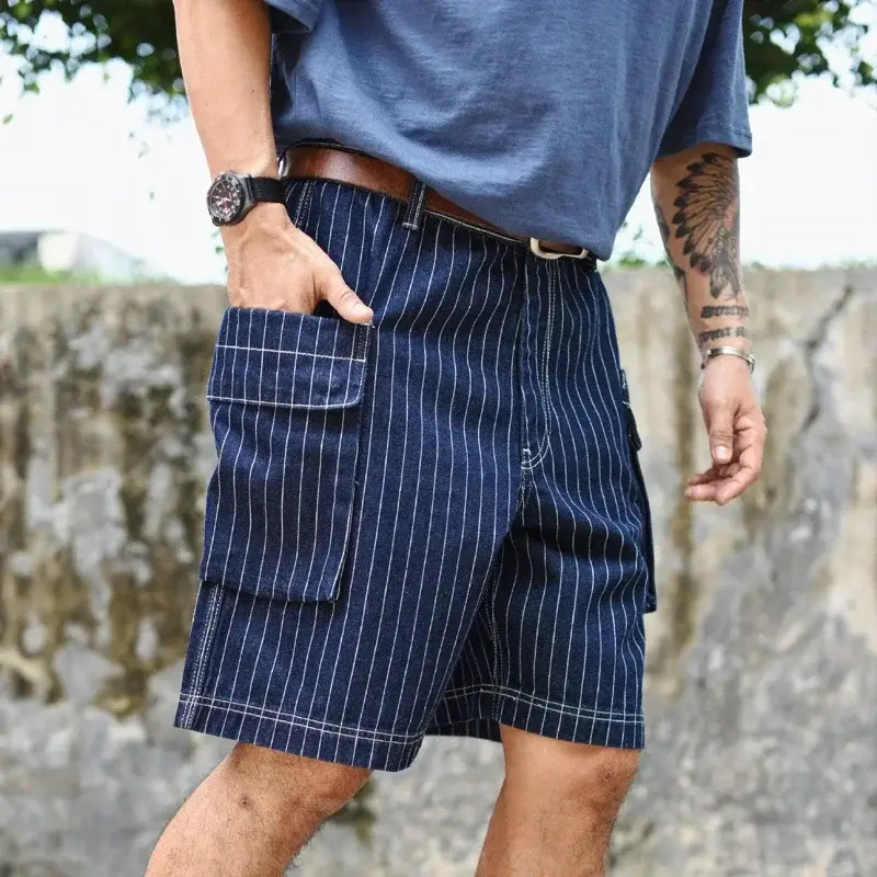 Men Short Summer Stripe Denim Short Multiple Packets Vintage Knee Length Loose Shorts