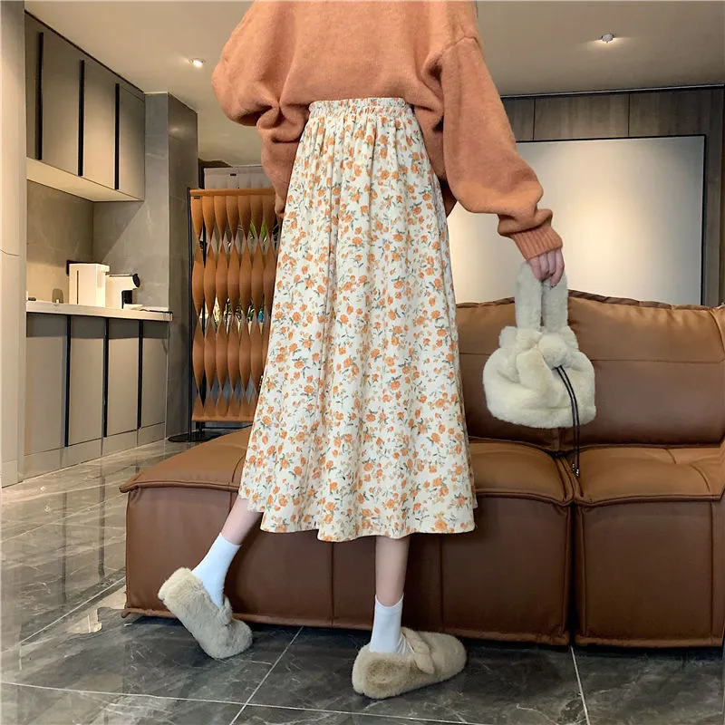 Floral Print Long Skirts Women Summer A Line Beach Skirts Women Elastic High Waist Midi Skirt