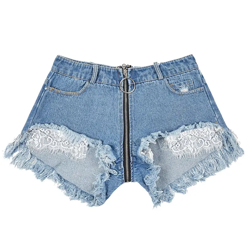 Fashion Women Low Waist Zipper Open Crotch Denim Shorts Casual Clothing