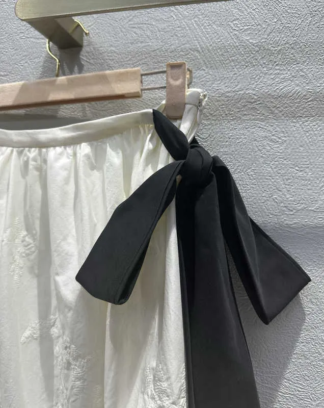 Skirts Women Fashion Spring Summer Embroidered Cotton Color-Block Tie Silk Skirt