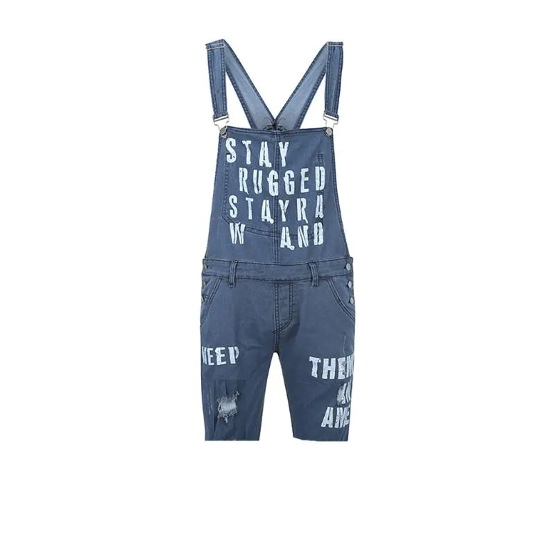 Men's Hole Jeans Jumpsuits Shorts Summer Streetwear Distressed Denim Bib Overalls For Man Suspender Pants