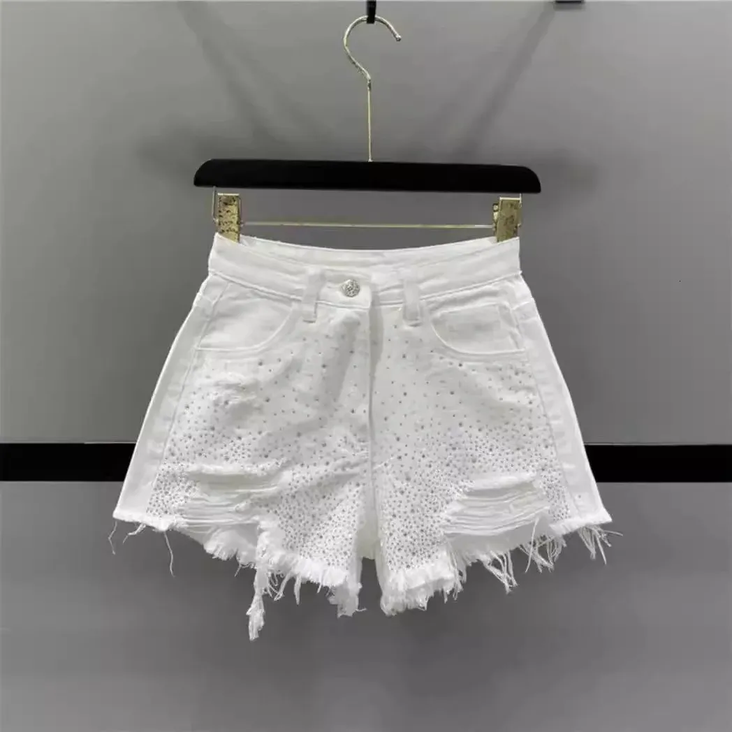 Women's High Waist Diamond Denim Shorts with Broke...