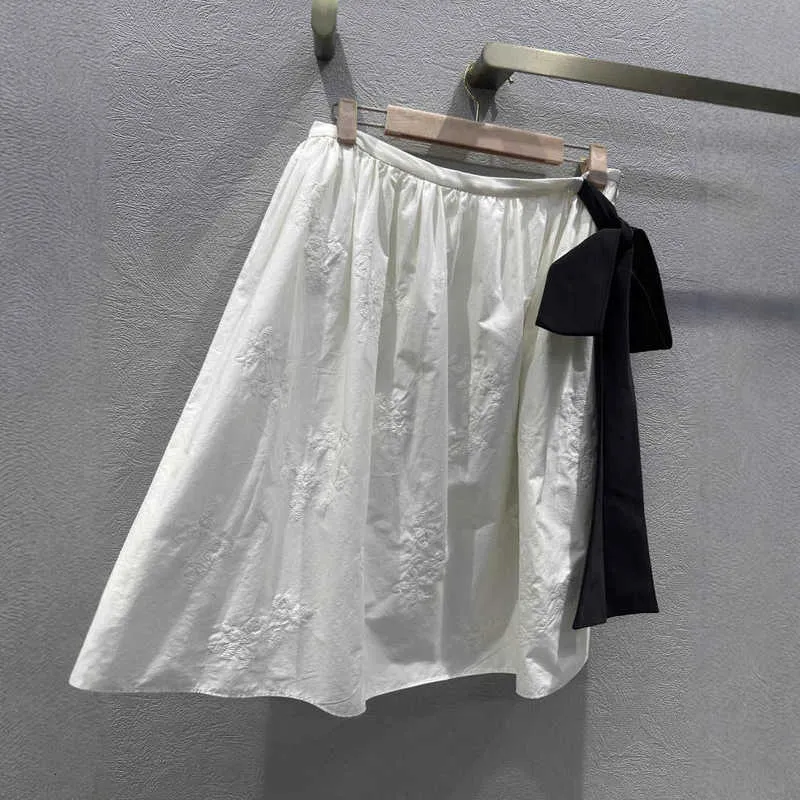 Skirts Women Fashion Spring Summer Embroidered Cotton Color-Block Tie Silk Skirt