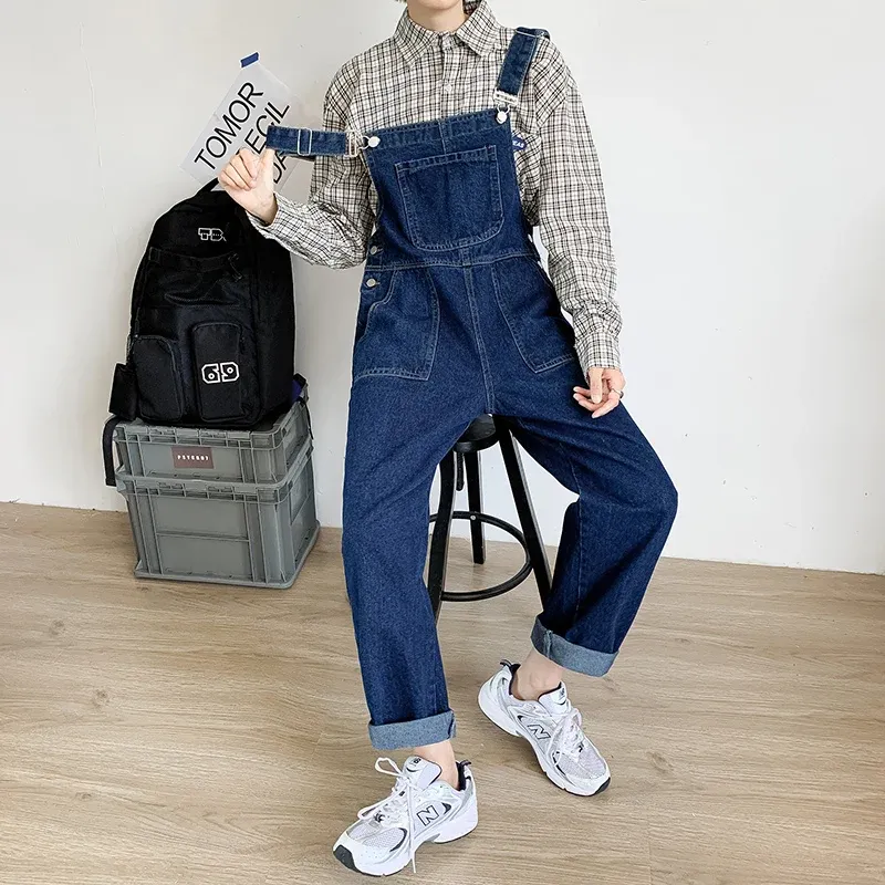 Men's Jeans Denim Overalls Loose Cropped Pants Straight Suspenders Jumpsuits Pockets Blue Cowboy Pants