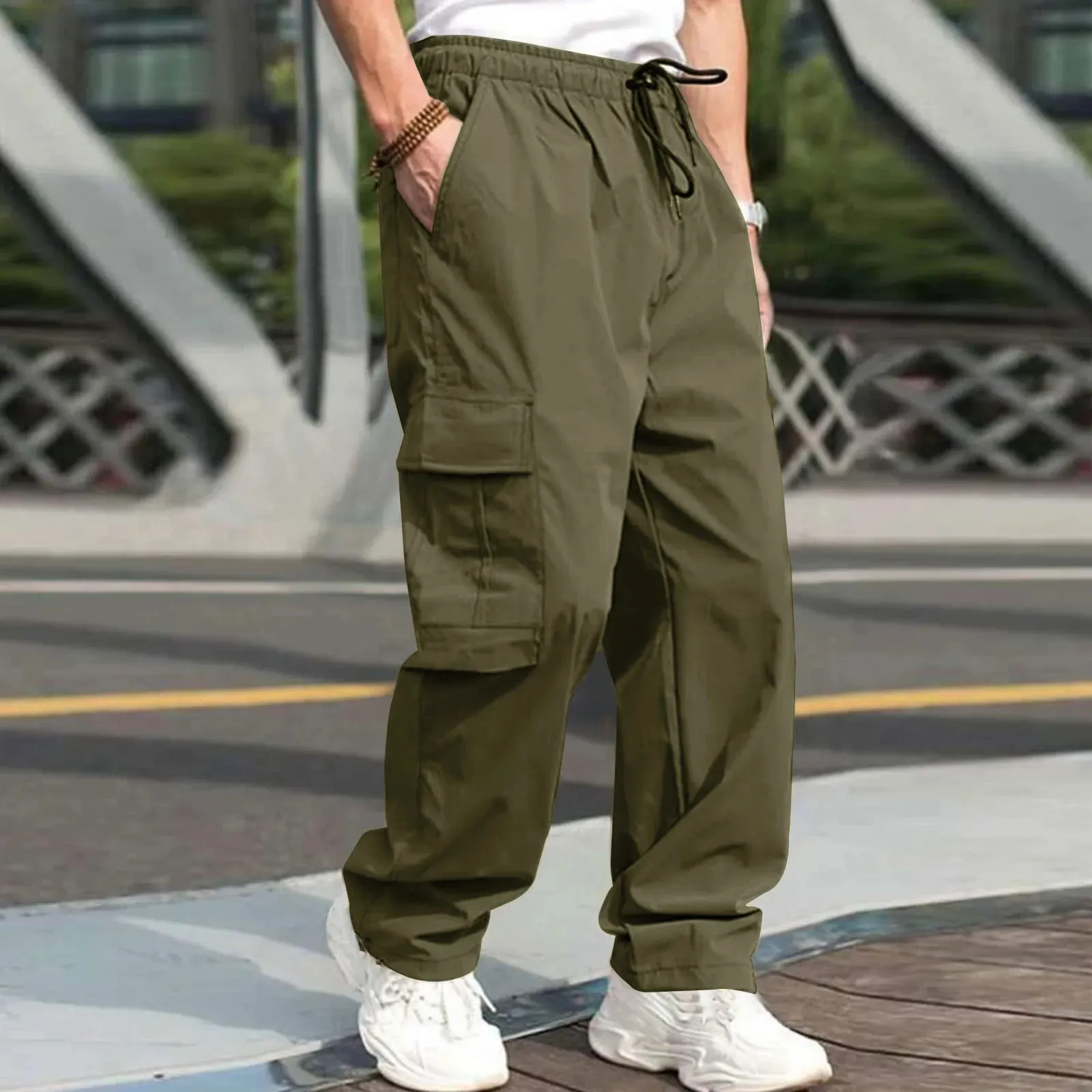 Casual Streetwear Pants Solid Color Men Cargo Pants Drawstring Multi Pocket Loose Baggy Pants for Men's Workwear Trousers