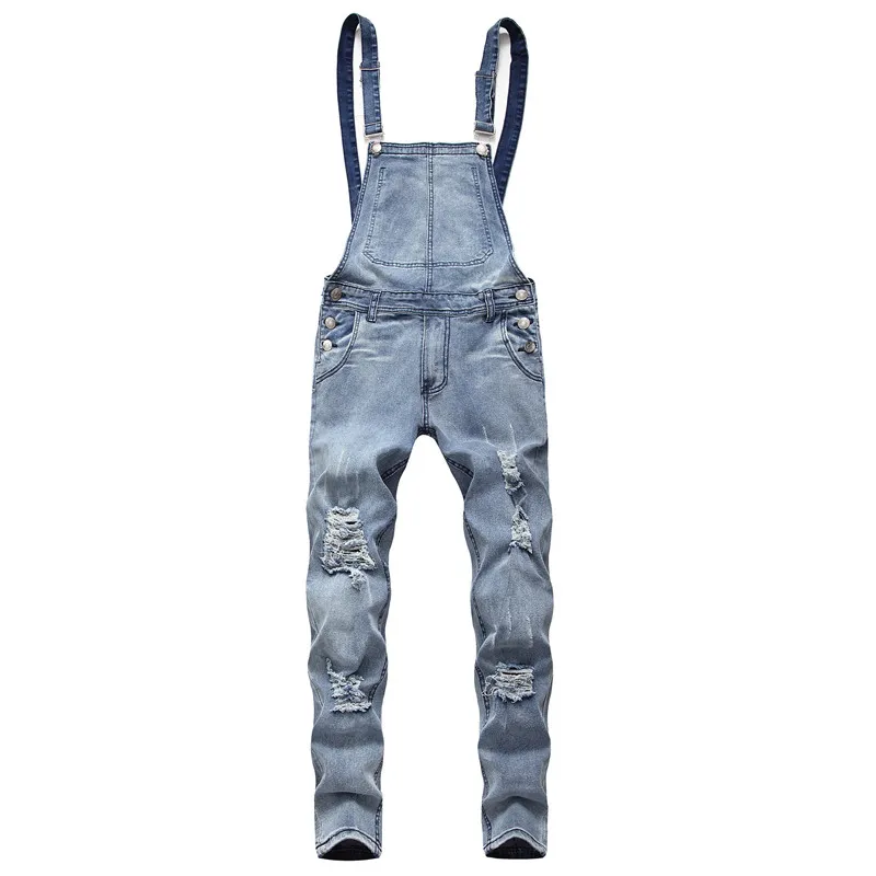 Men Stylish Slim Biker Jeans Overalls Jumpsuits Jeans Man Streetwear Casual Stretch Ripped Male Strap Jeans