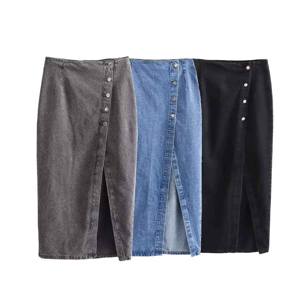 Women's Denim Midi Skirts With Side Slit Stylish For Daily And Casual Wear