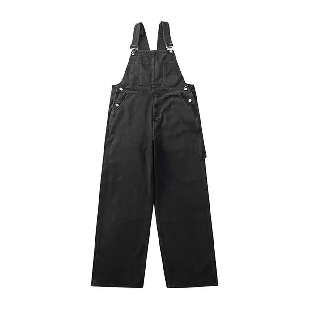 Multi-Pocket Denim Overalls Men Cargo Bib Trousers Solid Color Loose Baggy Jumpsuit Trousers Cowboy Dungarees