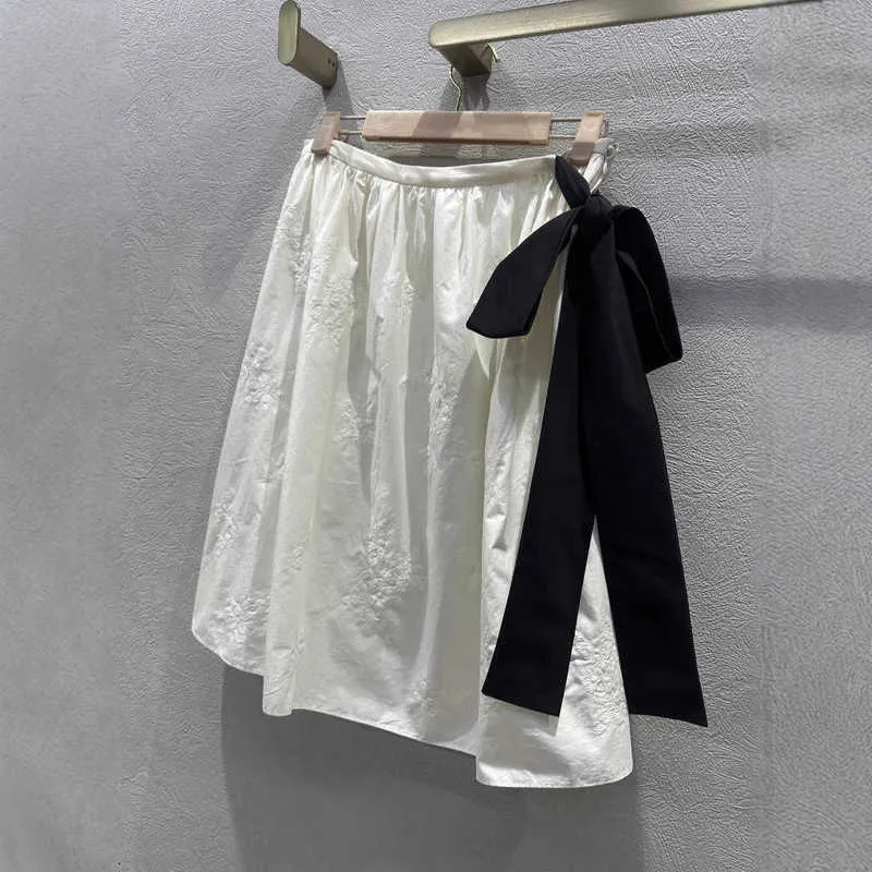 Skirts Women Fashion Spring Summer Embroidered Cotton Color-Block Tie Silk Skirt