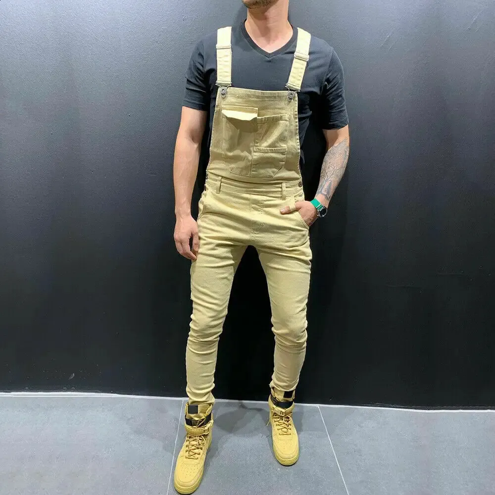 Men Overalls Pants Button Overalls Pocket Jumpsuit Overall Suspender Pants Moto Biker Pants Trousers