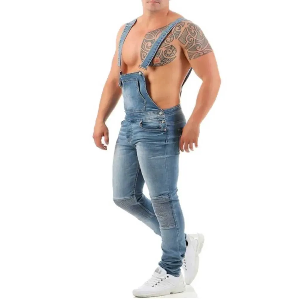 Men Jeans Jumpsuits Denim Pencil Pants Overalls Solid One Piece Washing Cargo Pockets Mid Waist Streetwear