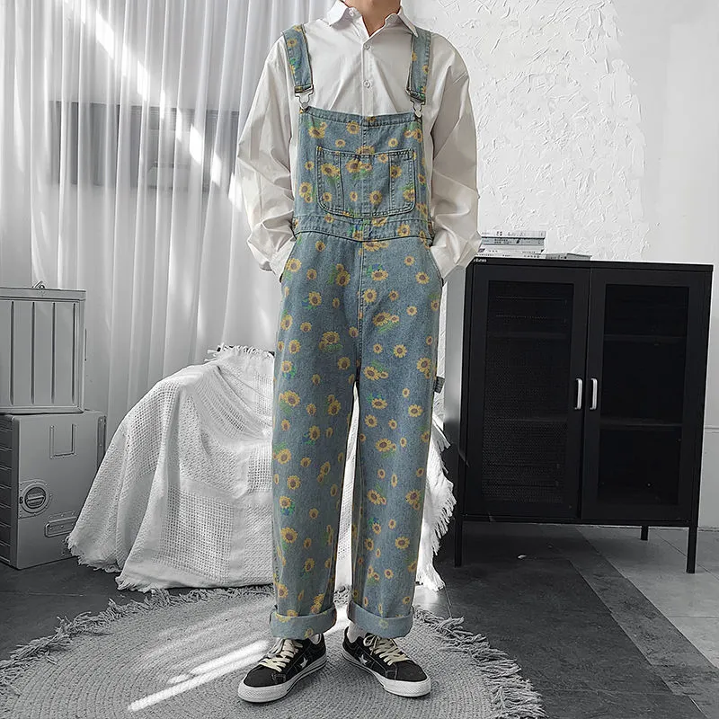 Little Daisy Printed Overalls Denim Trousers For Men Loose Casual Jeans Jumpsuit Vintage Streetwear