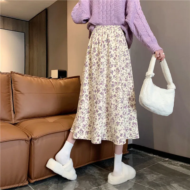 Floral Print Long Skirts Women Summer A Line Beach Skirts Women Elastic High Waist Midi Skirt