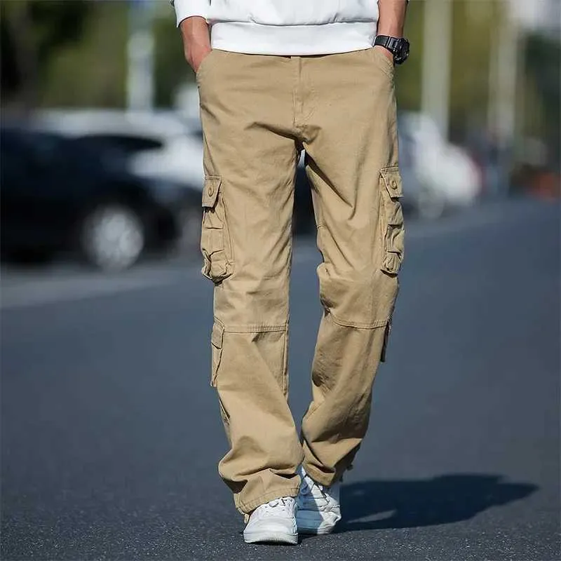 Men's Casual Pants Pure Cotton Loose-Fit Cargo Pants Sports Straight-Leg Outdoor Multi-Pocket Trousers