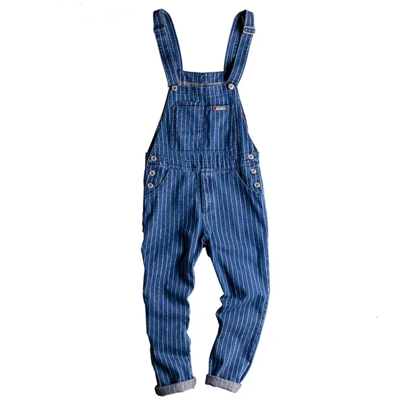 Men Stripe Printed Blue Denim Bib Overalls Suspenders Jumpsuits Coveralls Jeans