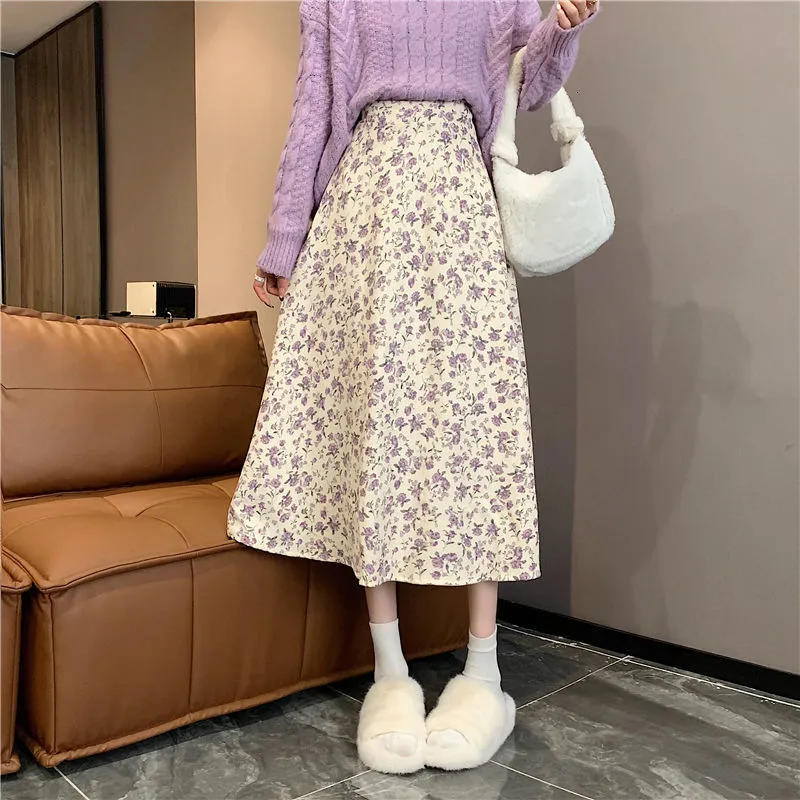 Floral Print Long Skirts Women Summer A Line Beach Skirts Women Elastic High Waist Midi Skirt