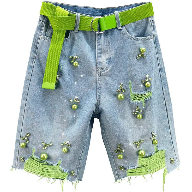 Hole Denim Shorts WomenDecoration Raw Edge Short J...