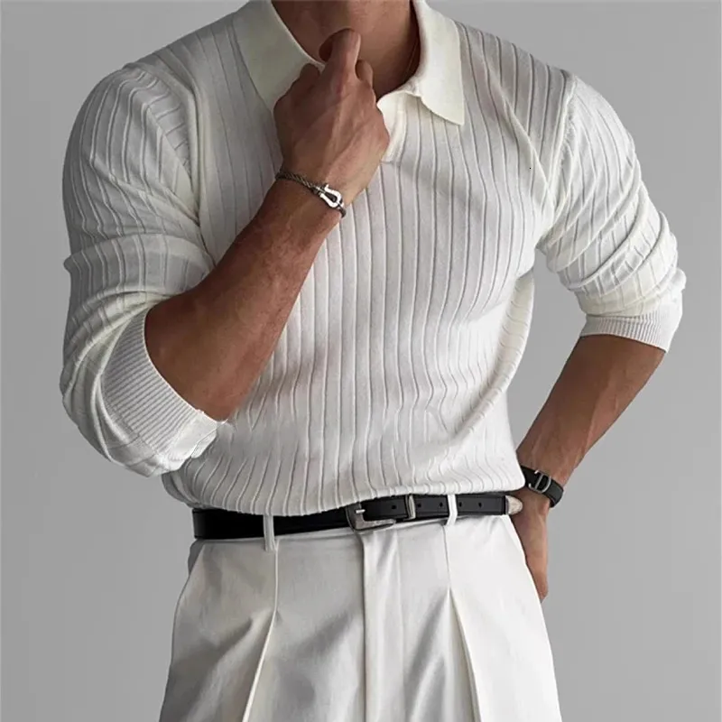 Men Light V-Neck Knitted Jacquard Polo Shirt Solid...