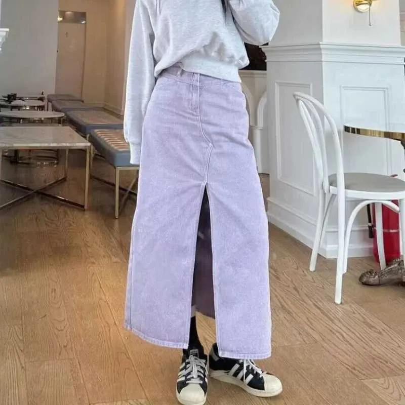 Spring Summer Split Women Denim Cloth Bag Skirt High Waist Straight Jeans Women Long Skirt
