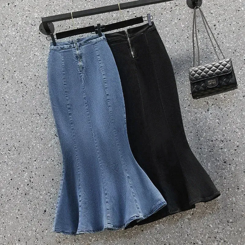 High Waist Fishtail Denim Skirt Women's Summer Flared Slit Long Skirt Women