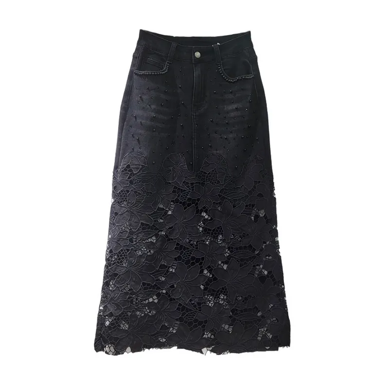 Women's Denim Skirt Patchwork Black Lace A-line High Waist Long Skirts Fashion
